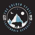 California vintage t shirt with grizzly bear, mountains and eagle. Retro typography graphic for design tee shirt and apparel.